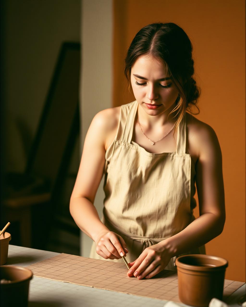 The studio's maker working at a craft table in warm light